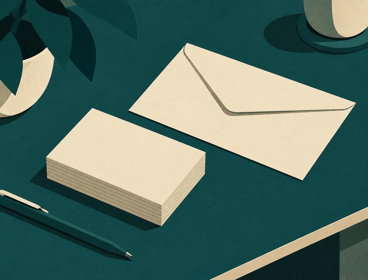 Illustration of business cards and an envelope on a desk